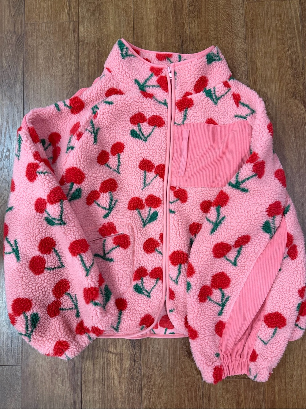 Pink Sherpa Jacket with Red Cherry Print